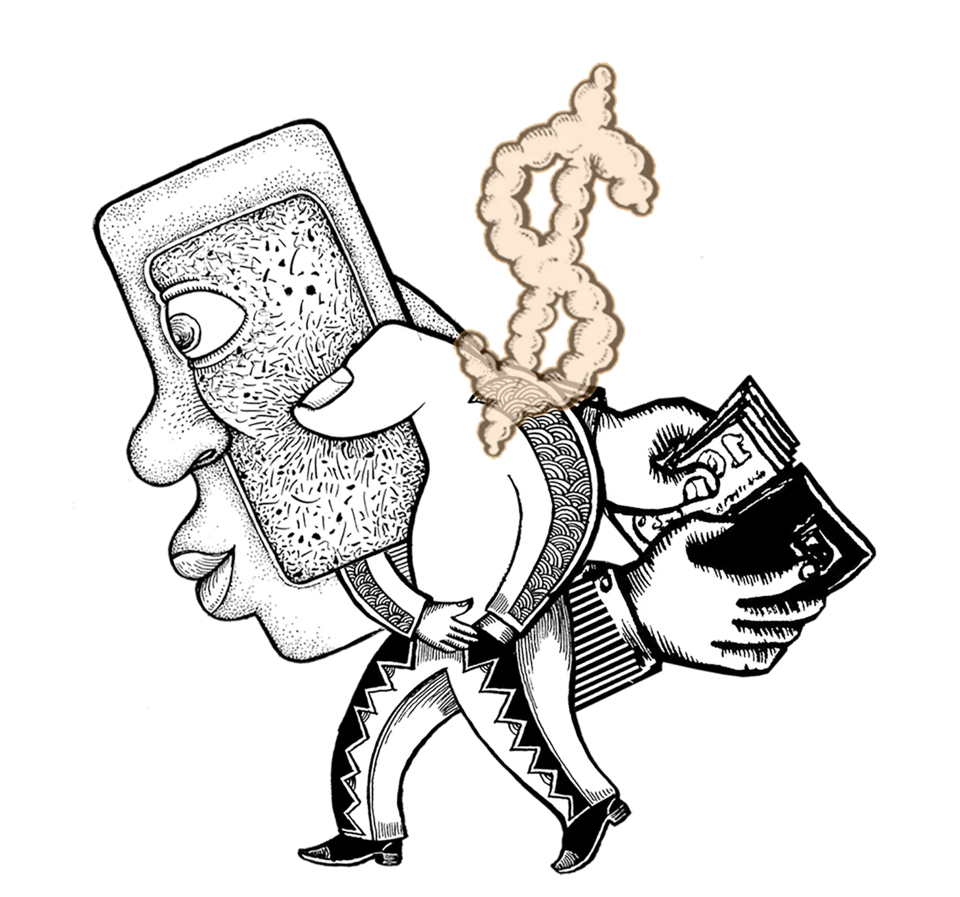 Ilustración: una figura con cabeza de billete carga una billetera a la espalda, mientras un símbolo de peso ($) le sale como humo de la boca.
